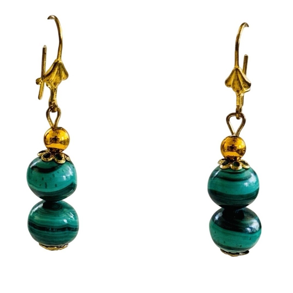Earrings VTG green Mexican Malachite Beaded Natural 24k Gold Plated Dangle retro